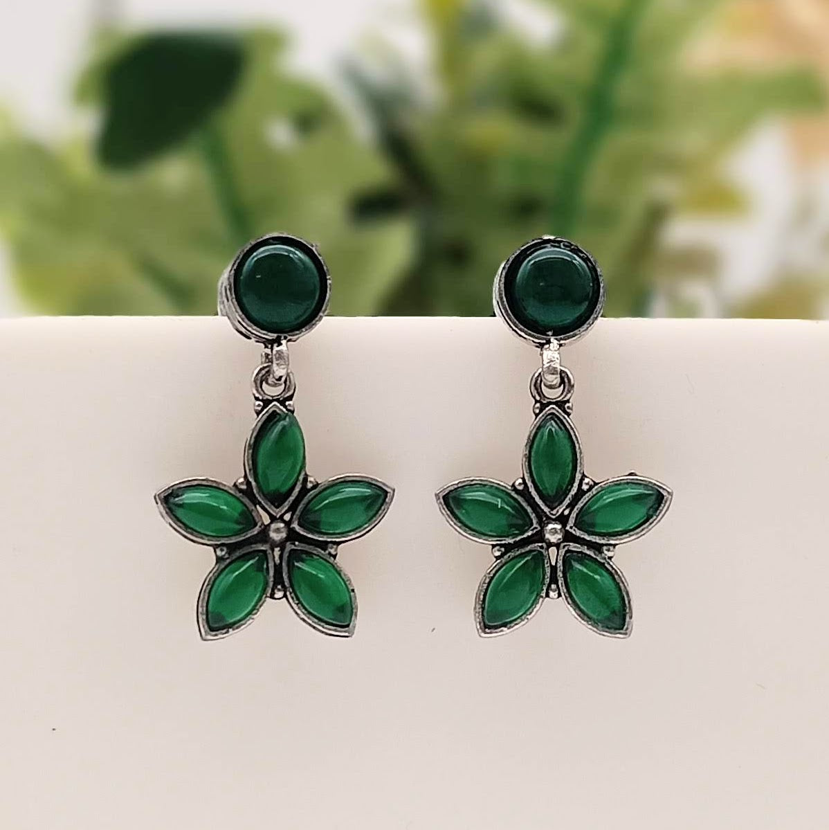 Green Color Cute Flower Stone Studded Silver Classic Oxidised Earrings