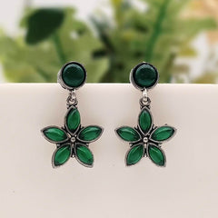 Green Color Cute Flower Stone Studded Silver Classic Oxidised Earrings