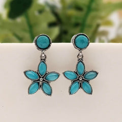 Blue Color Cute Flower Stone Studded Silver Classic Oxidised Earrings