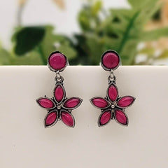 Pink Color Cute Flower Stone Studded Silver Classic Oxidised Earrings