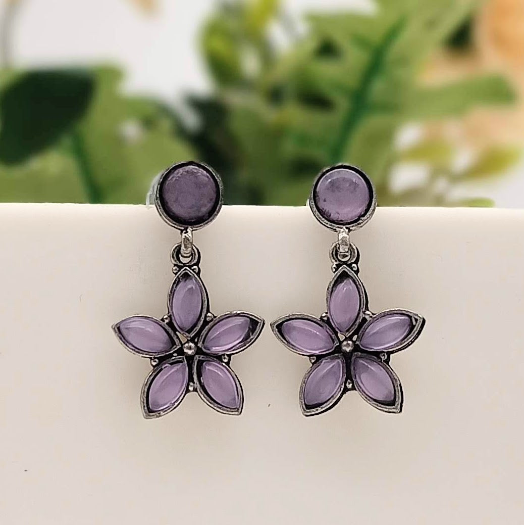 Cute Flower Stone Studded Silver Classic Oxidised Earrings