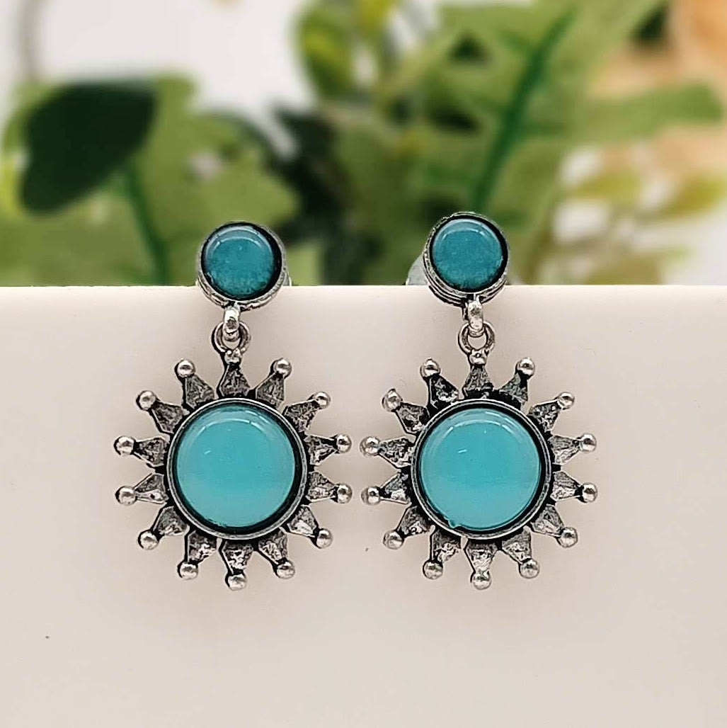 Blue Color Stone Sun Shape Silver Classic Oxidised Earrings