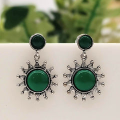 Green Color Stone Sun Shape Silver Classic Oxidised Earrings