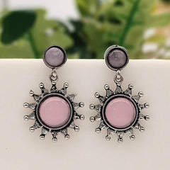 Baby Pink Color Stone Sun Shape Silver Classic Oxidised Earrings