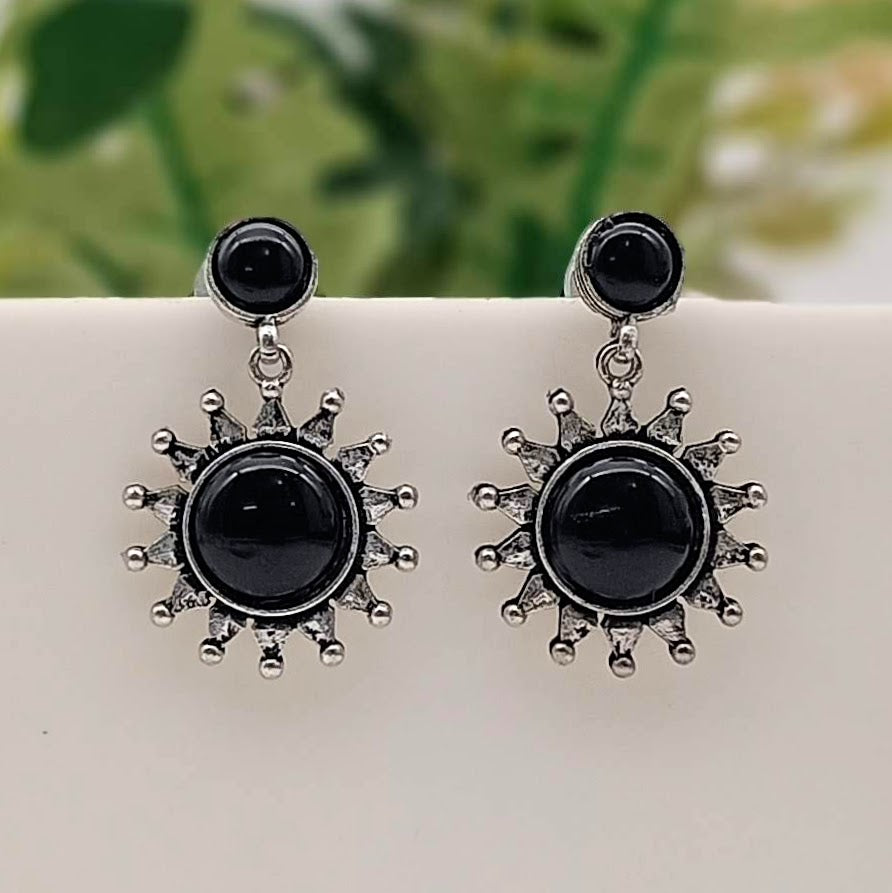 Black Color Stone Sun Shape Cute Silver Classic Oxidised Earrings