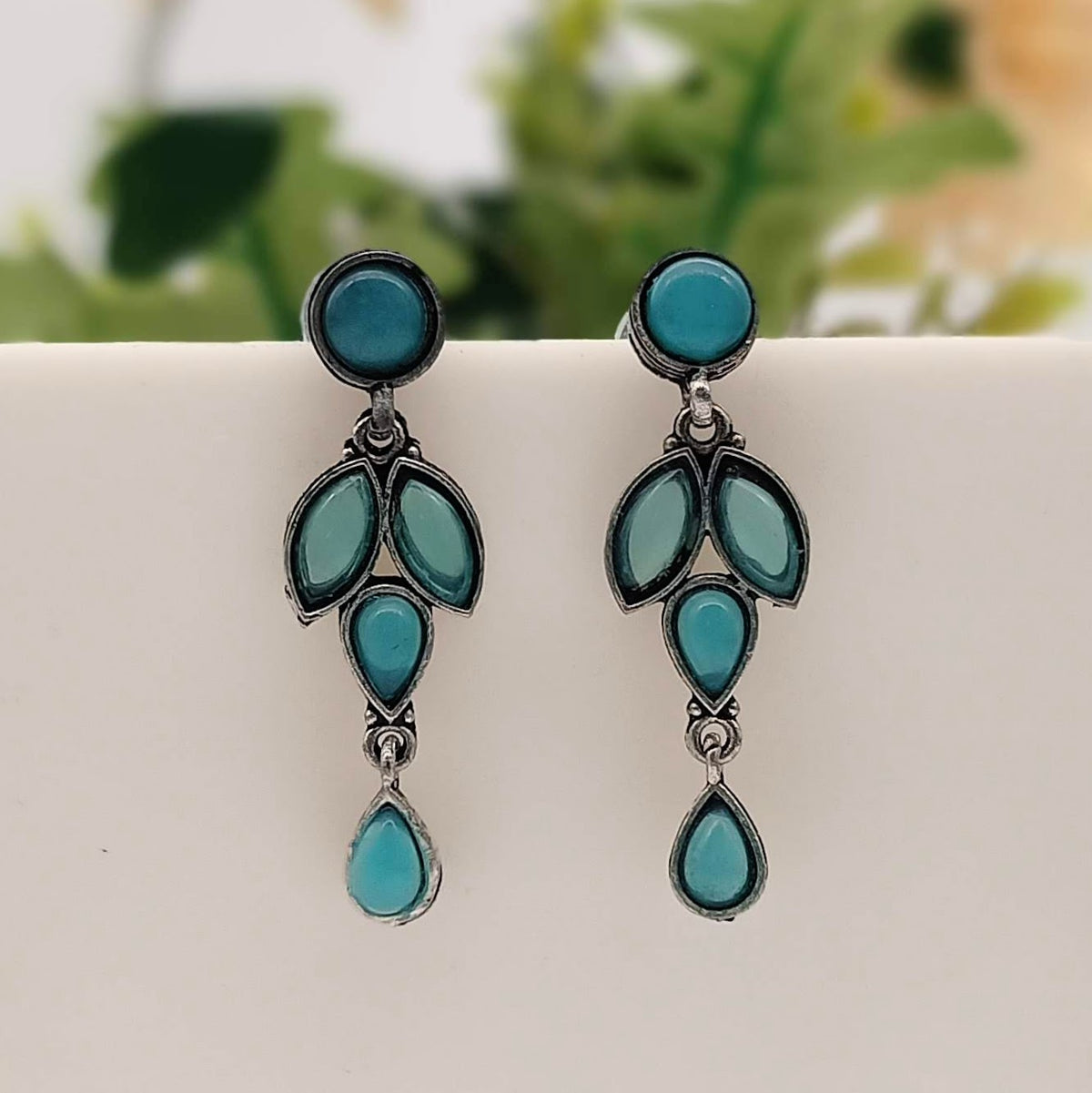 Blue Color Stone Drop Leafs Design Silver Oxidised Earrings