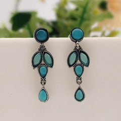 Blue Color Stone Drop Leafs Design Silver Oxidised Earrings