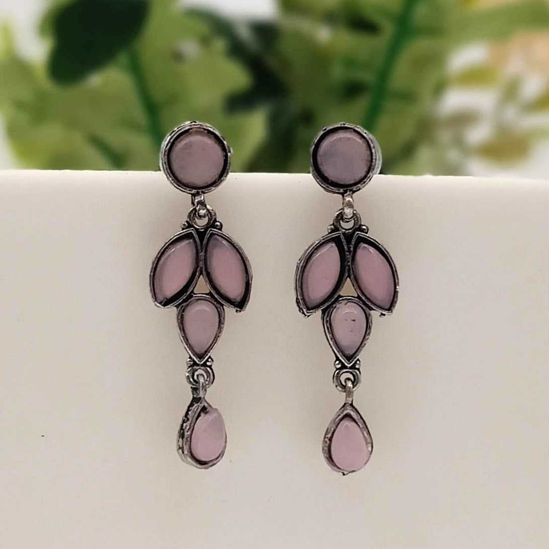 Baby Pink Color Stone Drop Leafs Design Silver Oxidised Earrings