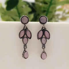 Baby Pink Color Stone Drop Leafs Design Silver Oxidised Earrings