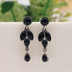 Black Color Stone Drop Leafs Design Silver Oxidised Earrings