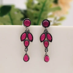 Pink Color Stone Drop Leafs Design Silver Oxidised Earrings