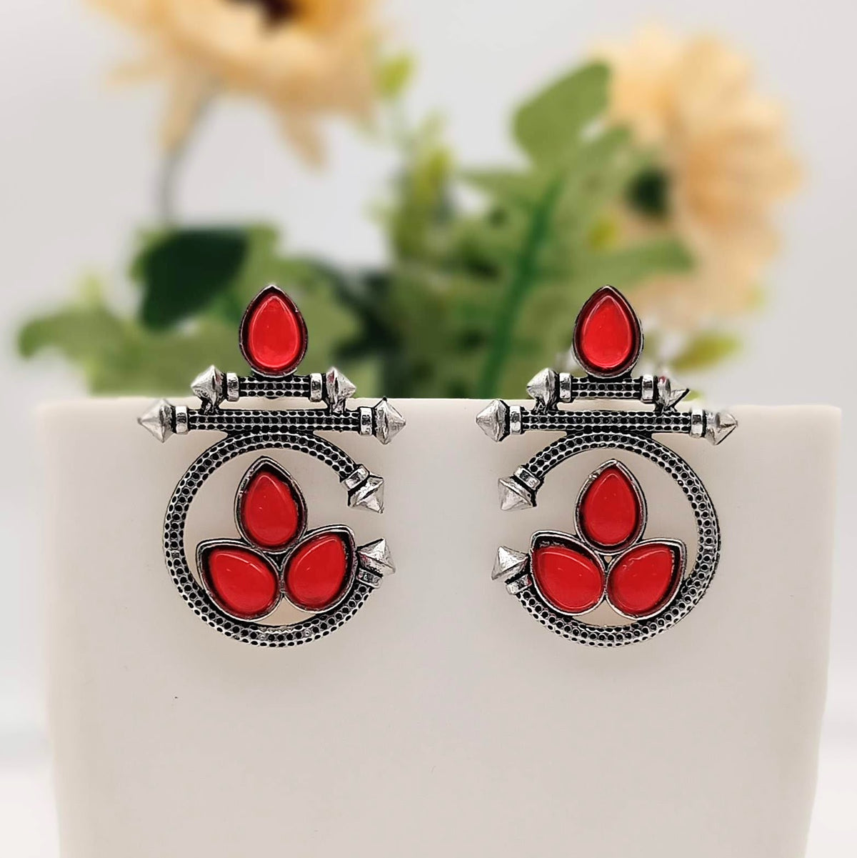 Red Color Water Drop Shape Silver Oxidised Earrings