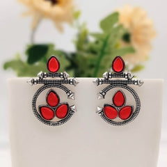 Red Color Water Drop Shape Silver Oxidised Earrings