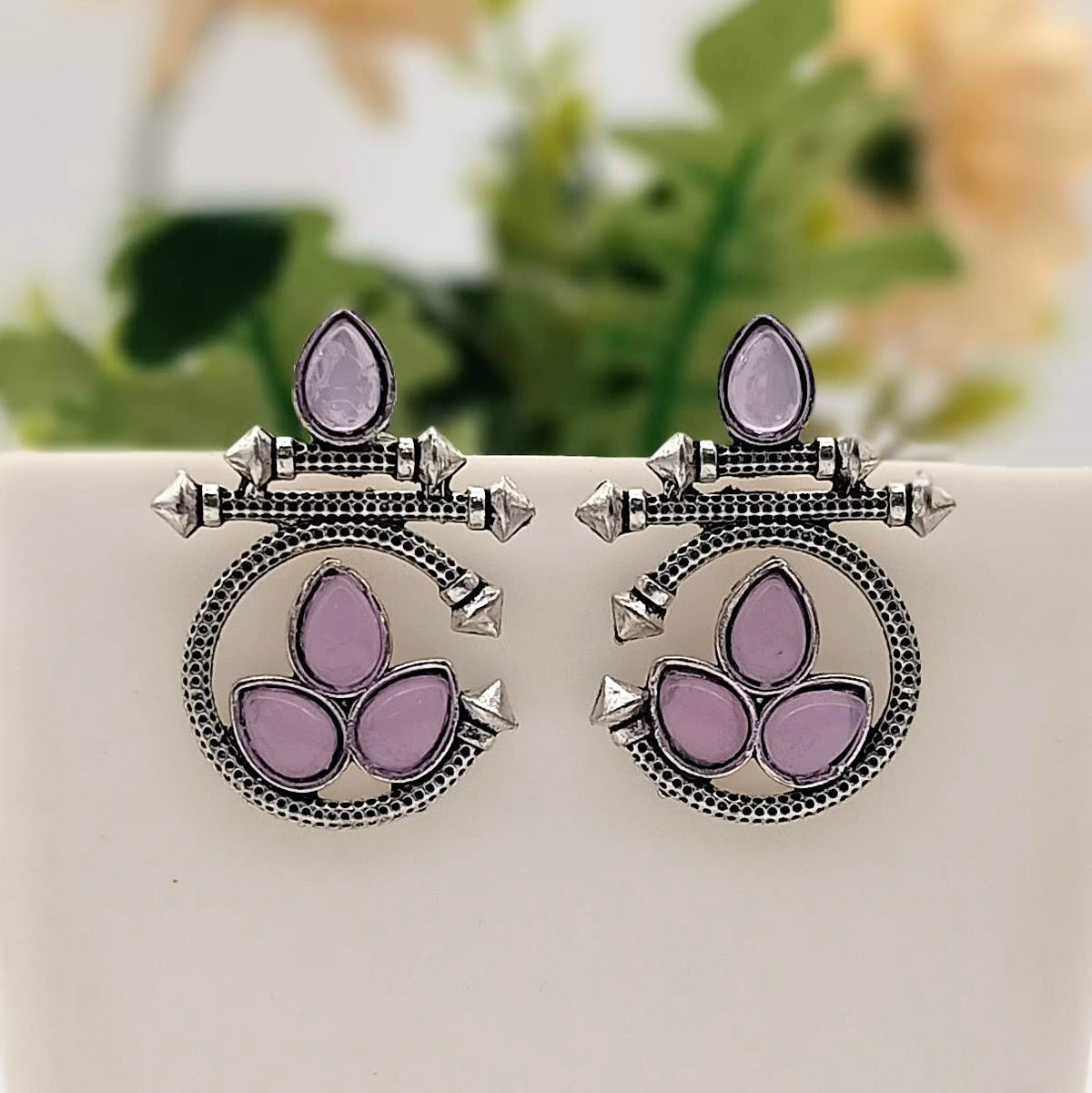 Light Purple Color Water Drop Shape Silver Oxidised Earrings
