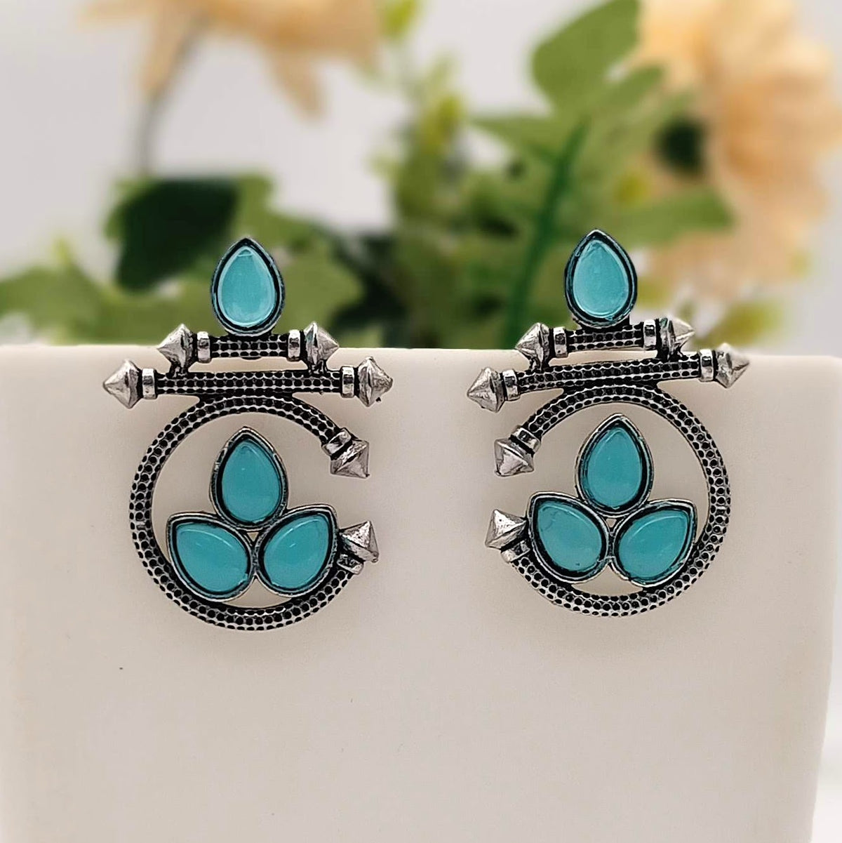 Blue Color Water Drop Shape Silver Oxidised Earrings