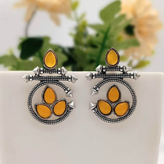 Yellow Color Water Drop Shape Silver Oxidised Earrings
