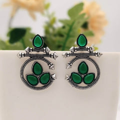 Green Color Water Drop Shape Silver Oxidised Earrings