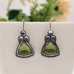 Green Color Triangle Fish Hook Silver Oxidised Earrings
