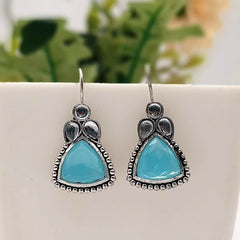 Blue Color Triangle Fish Hook Silver Oxidised Earrings