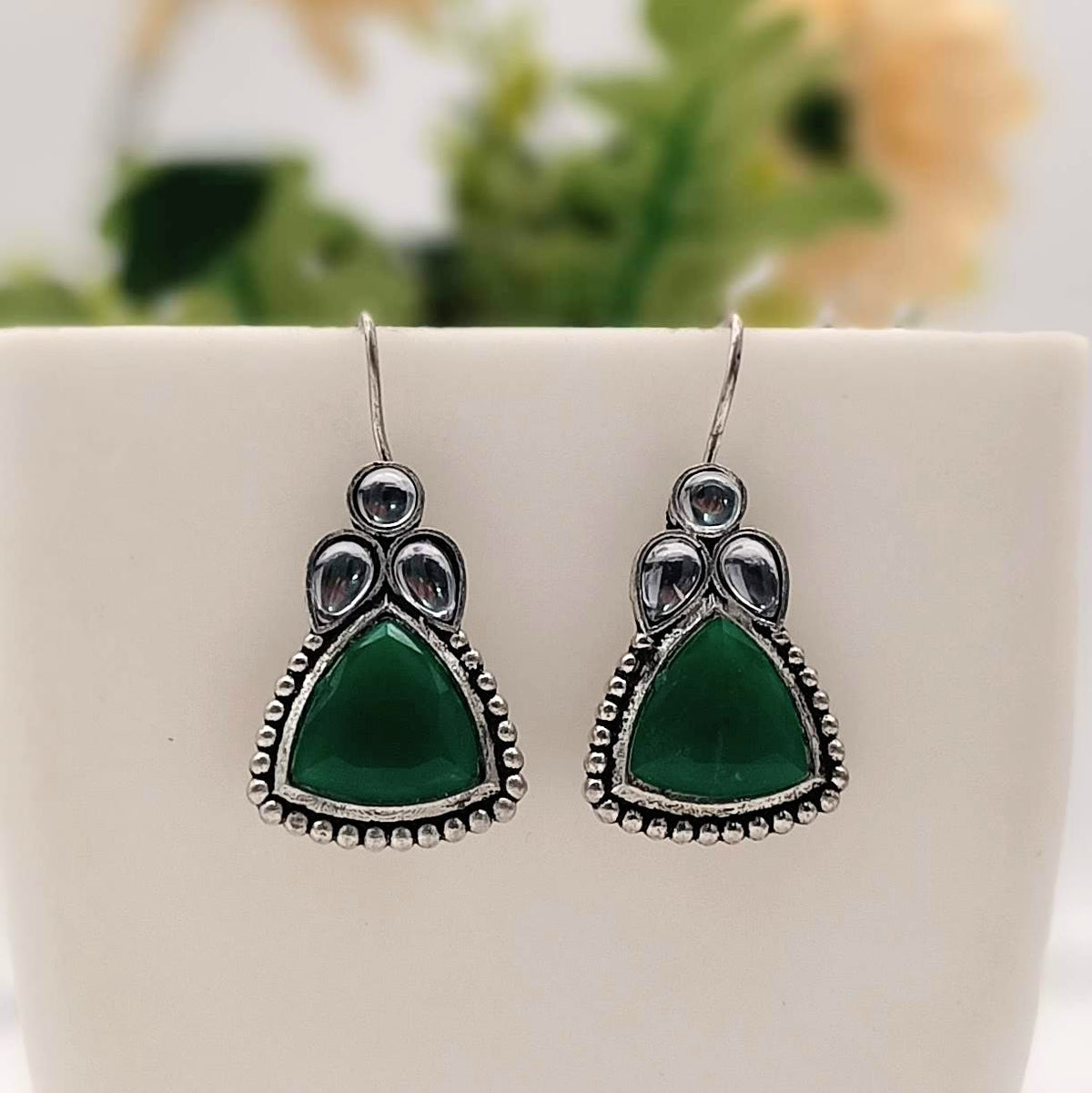 Green Color Triangle Fish Hook Silver Oxidised Earrings