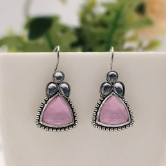 Baby Pink Color Triangle Fish Hook Silver Oxidised Earrings