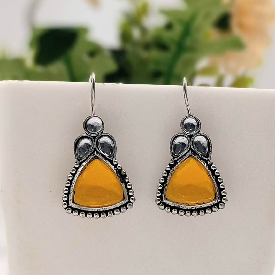 Yellow Color Triangle Fish Hook Silver Oxidised Earrings