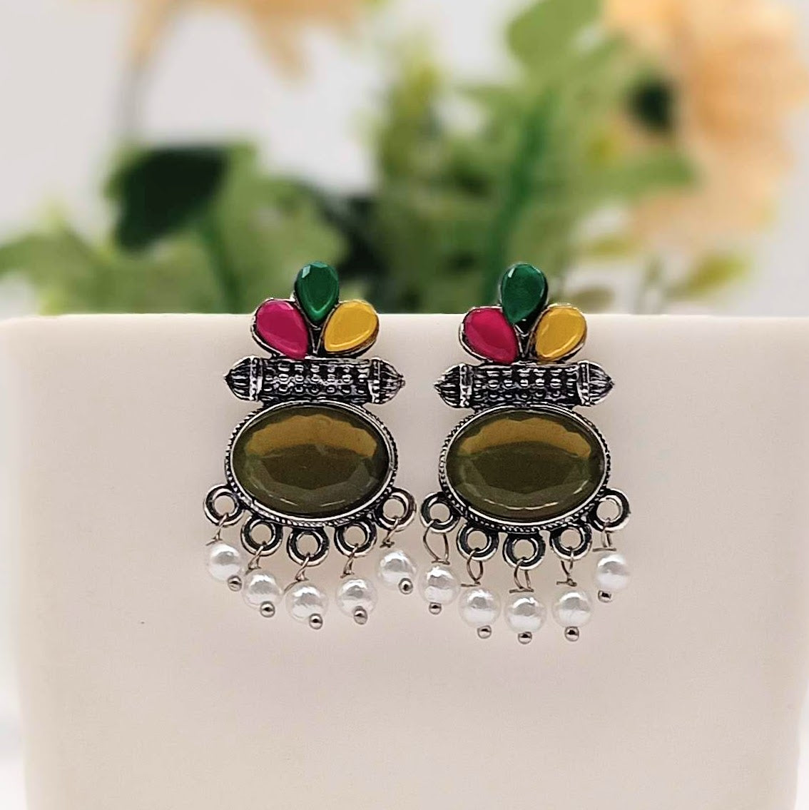 Multicolor Stone Studed White Beads Silver Oxidised Earrings