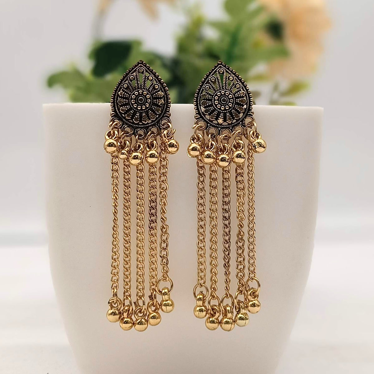 Water Drop Shape Chains Golden Classic Oxidised Earrings