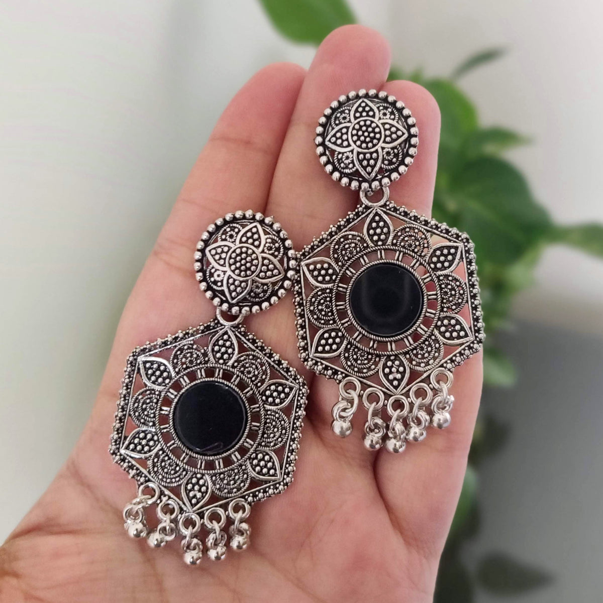 Round Black Mirror Gorgeous Oxidised Silver Ethnic Earrings