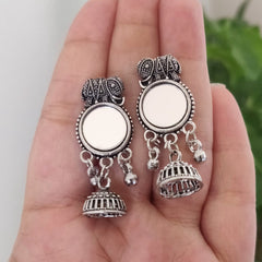 Elephant Round Mirror Jhumka Oxidised Silver Ethnic Earrings