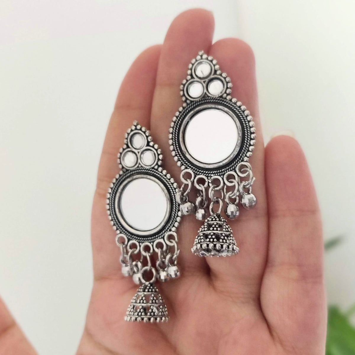 Drop Jhumka Round Mirror Oxidised Silver Ethnic Earrings