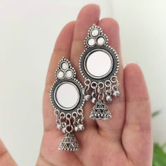 Drop Jhumka Round Mirror Oxidised Silver Ethnic Earrings