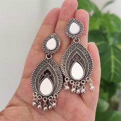 Water Drop Shape Mirror Oxidised Silver Ethnic Earrings