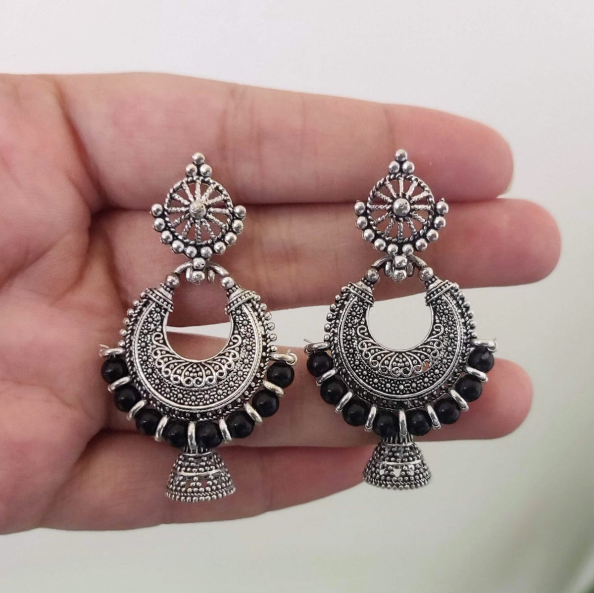 Black Beads Chaadbaali Jhumka Oxidised Silver Ethnic Earrings