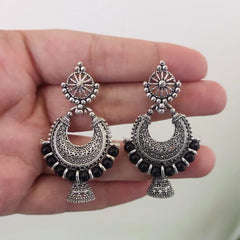 Black Beads Chaadbaali Jhumka Oxidised Silver Ethnic Earrings