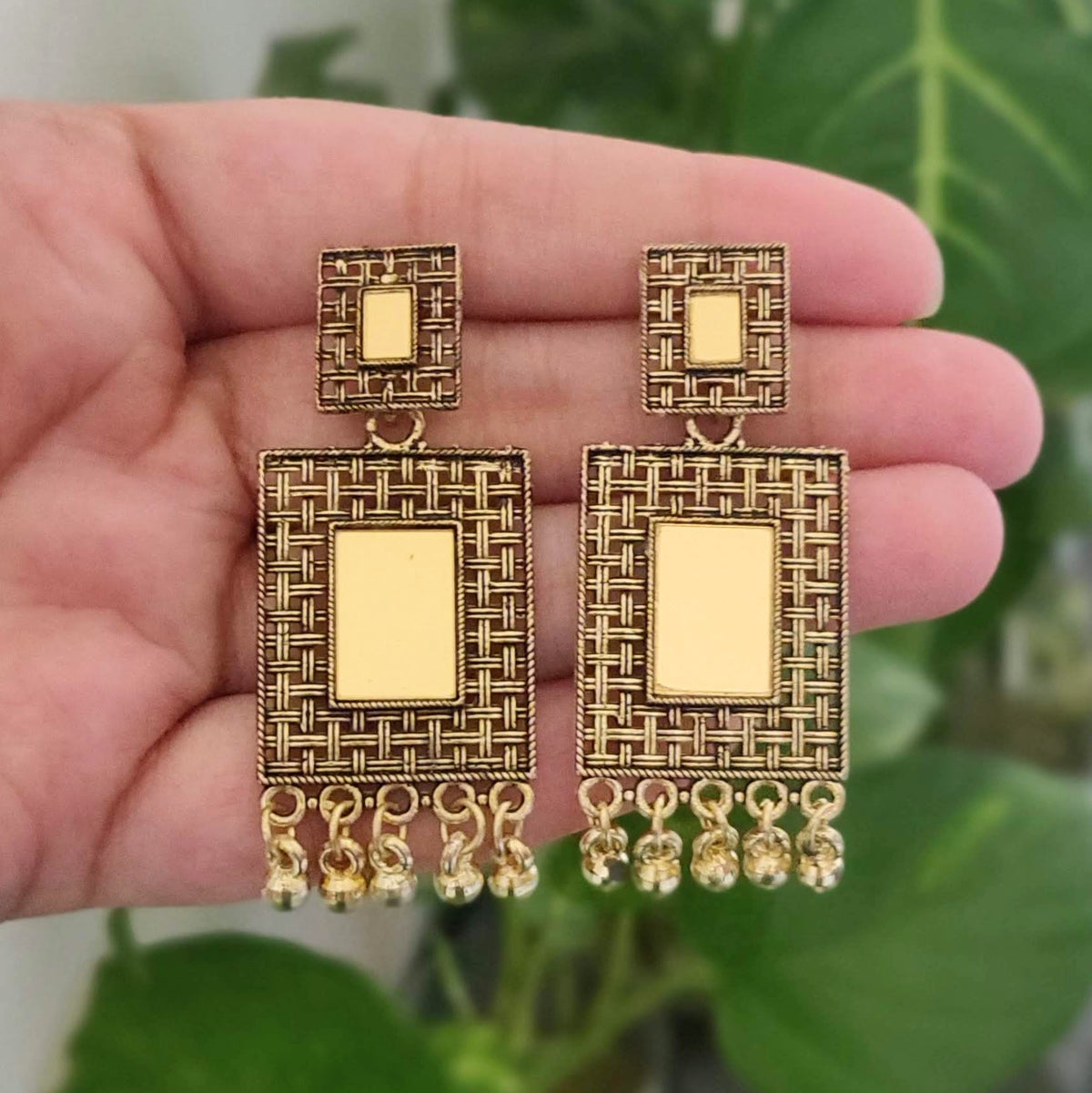 Rectangle Shape Mirror Oxidised Golden Ethnic Earrings