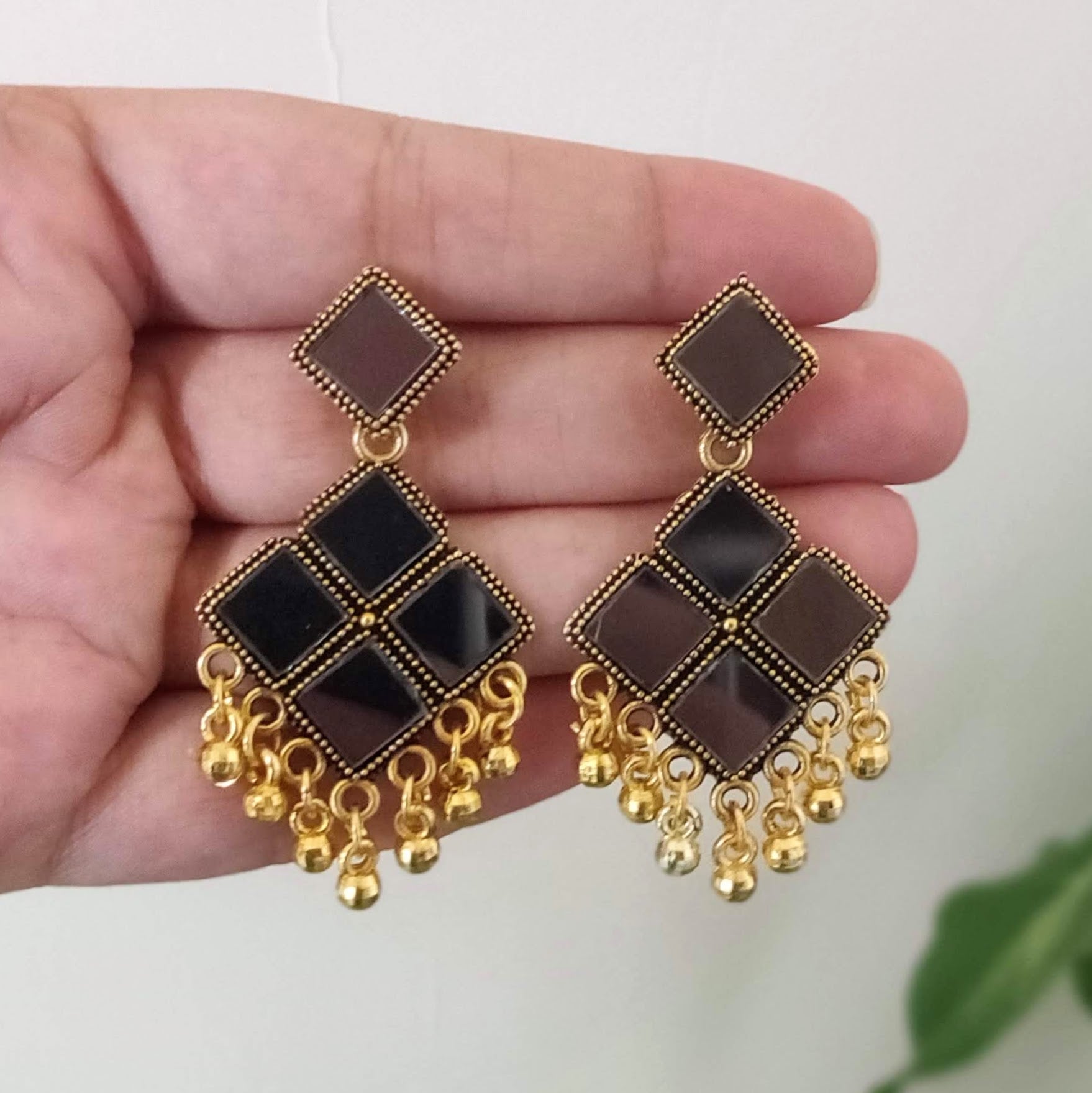 Square Shape Mirrors Oxidised Golden Ethnic Earrings