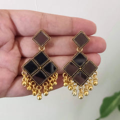 Square Shape Mirrors Oxidised Golden Ethnic Earrings