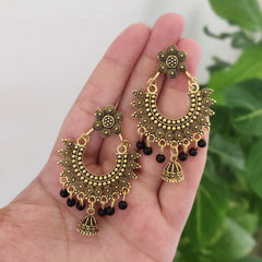 Black Beads Chaandbali Jhumka Oxidised Golden Ethnic Earrings
