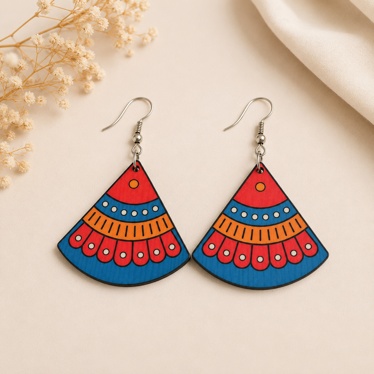 Indian folk art wooden earrings for women with colorful red blue and orange fan-shaped design