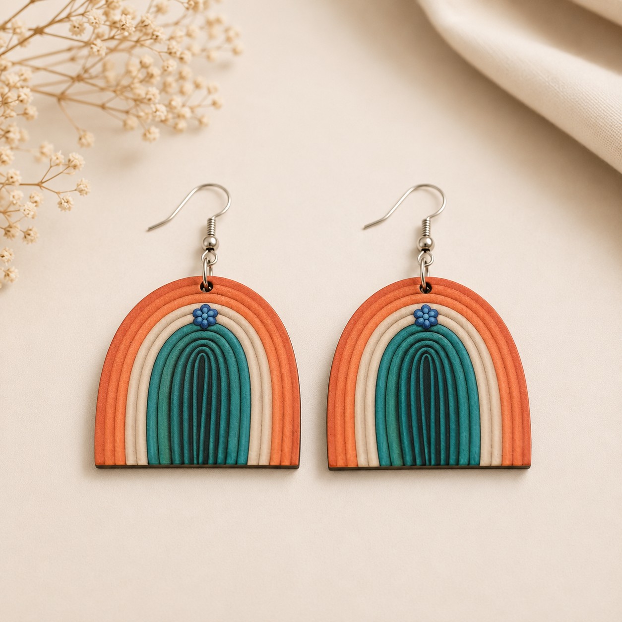 Indian tricolour wooden earrings for women with saffron white and green layered arch design