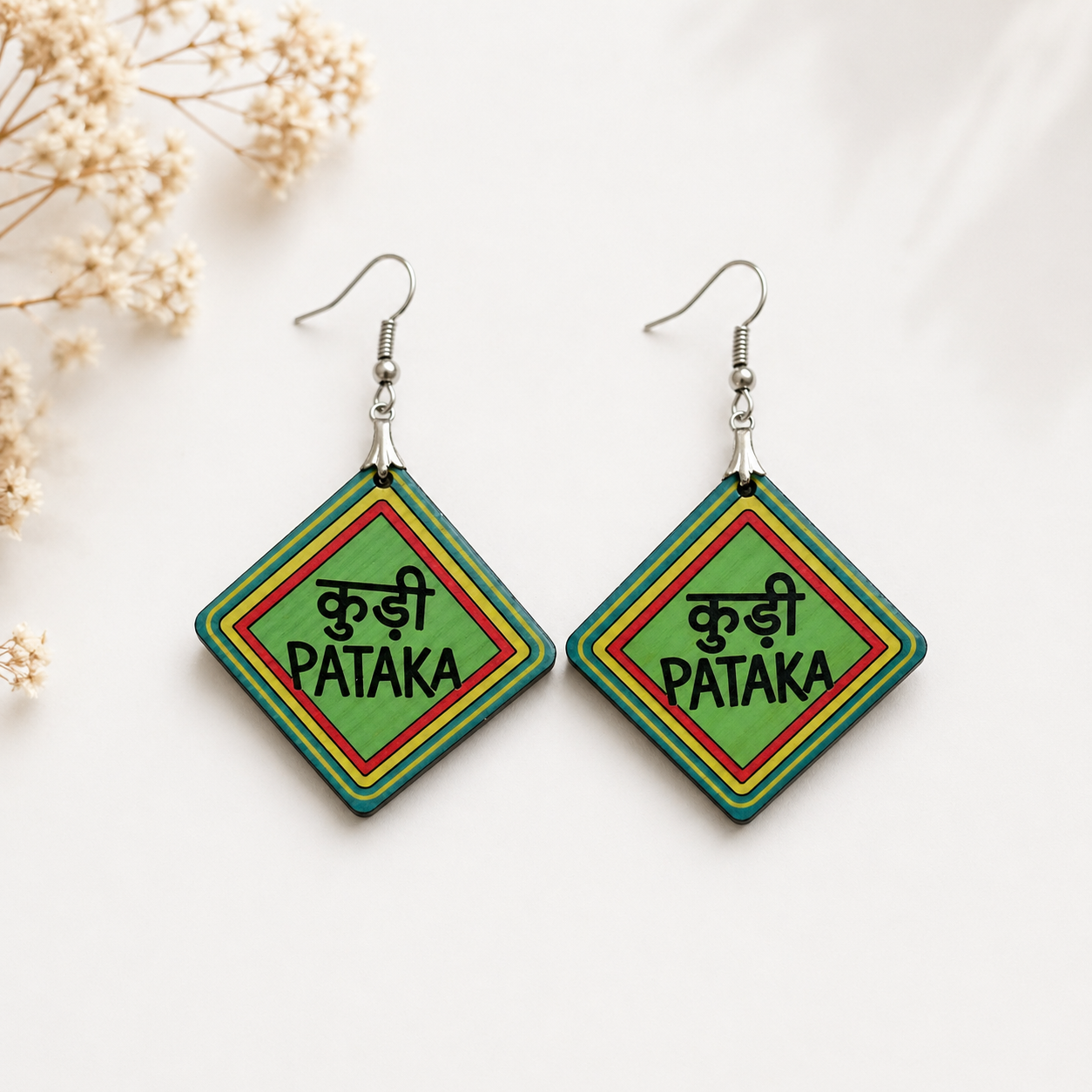 Kudi Pataka wooden earrings for women, colorful Punjabi quote earrings, bold desi statement jewelry