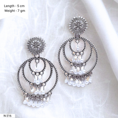 Triple Layer White Beads Cute Trendy Silver Oxidised Earrings