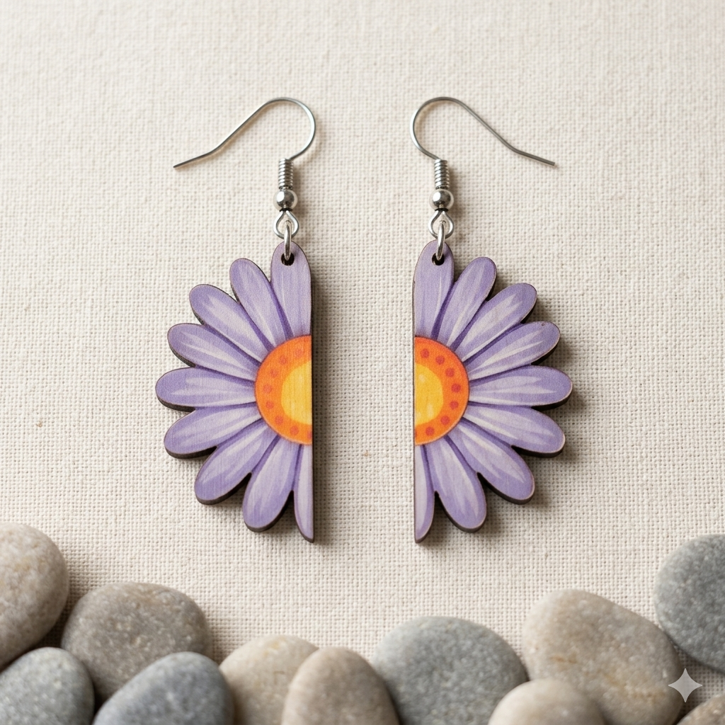 Lavender daisy wooden earrings for women minimal floral lightweight dangling earrings Main image