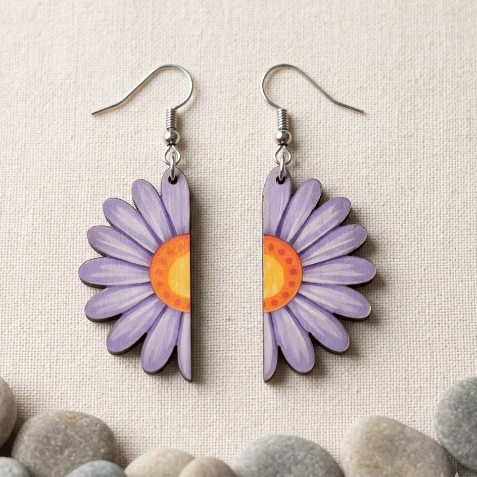 Lavender daisy wooden earrings for women minimal floral lightweight dangling earrings