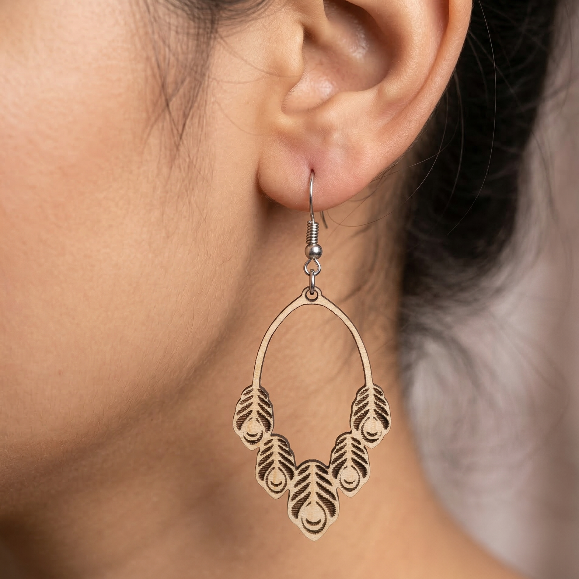 Feather cascade wooden earrings for women boho ethnic lightweight dangle earrings with engraved feather design
