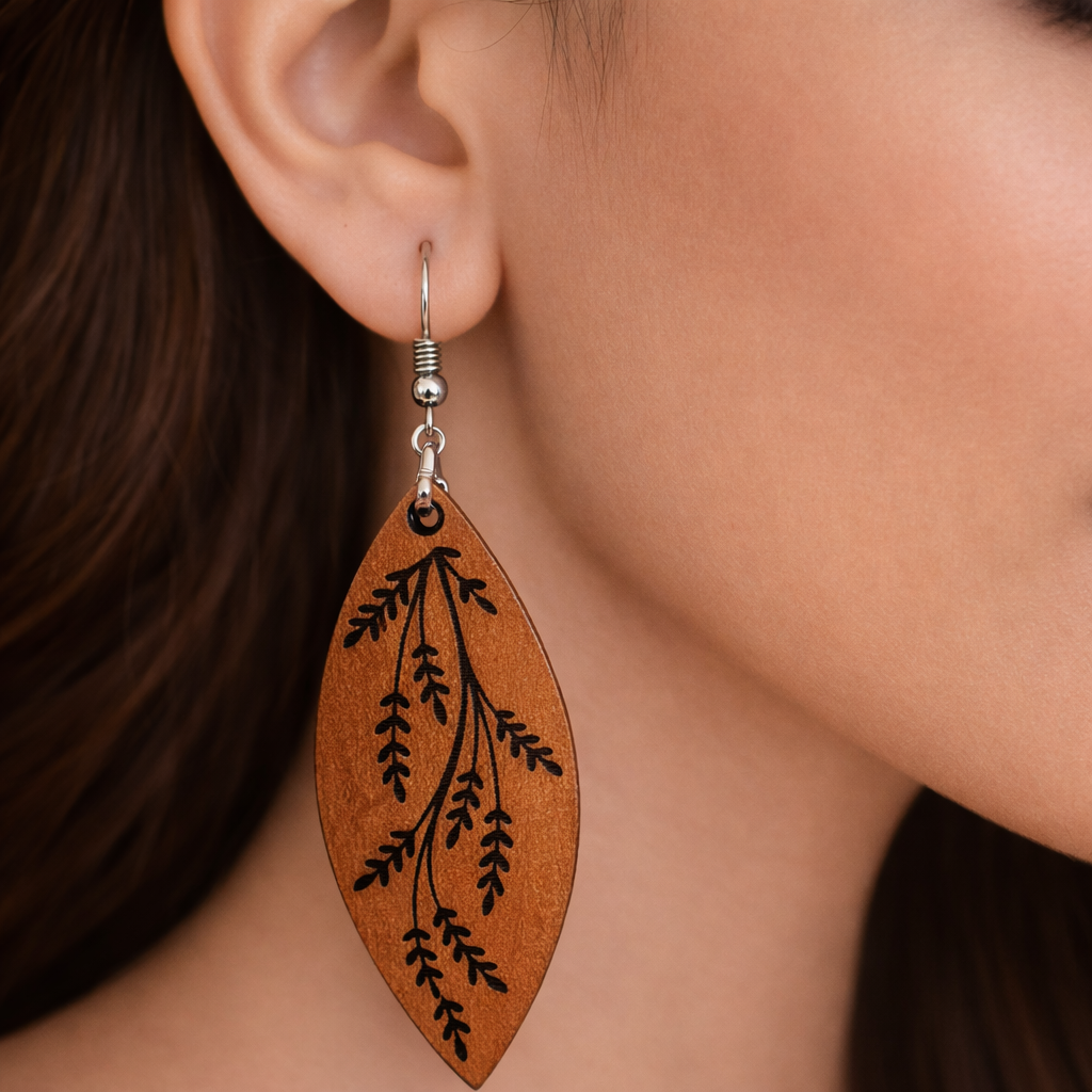 Leaf Pattern Wooden Drop Earrings for Women | Nature Inspired Statement Earrings Secondary image