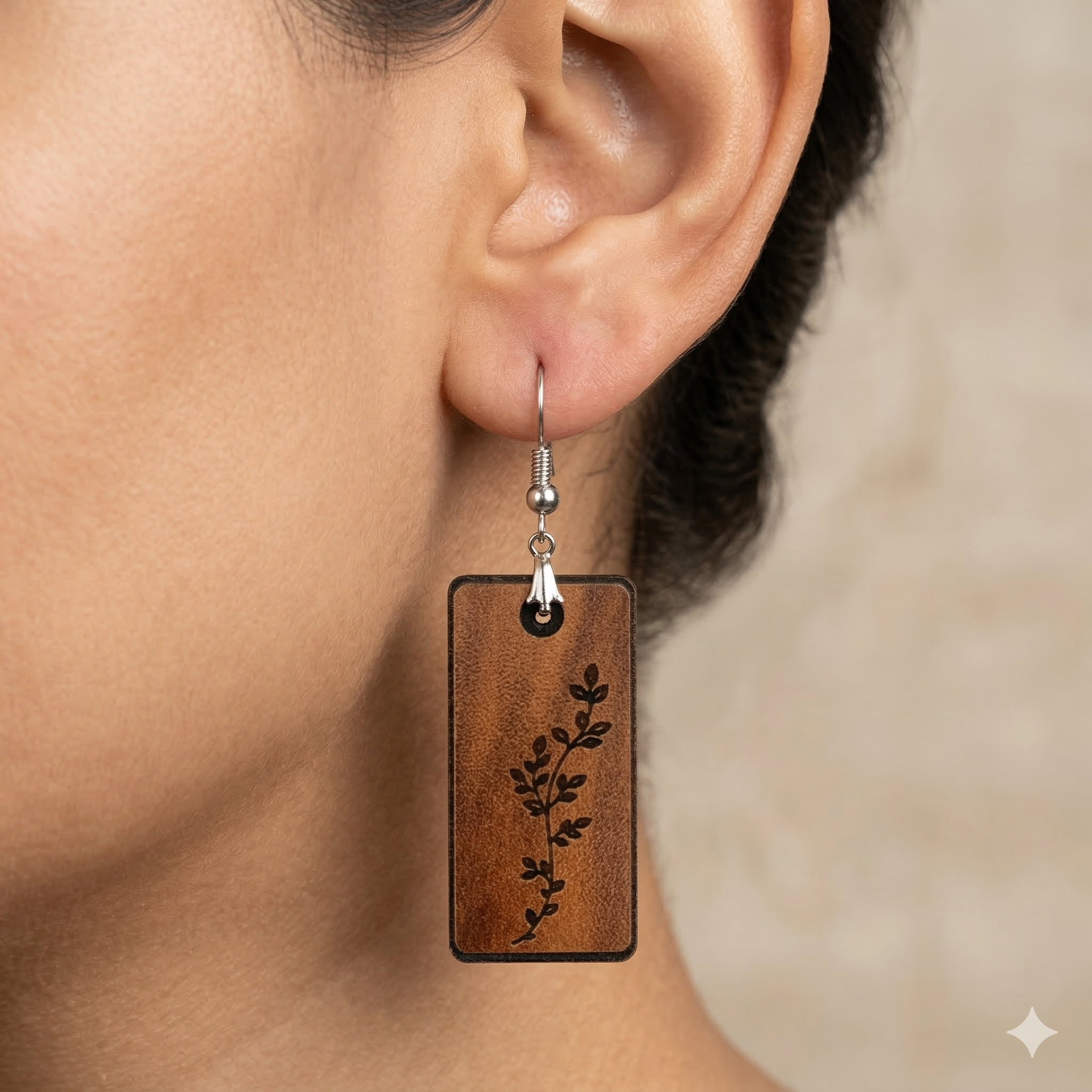 botanical vine wooden earrings for women rectangular nature leaf engraved dangle earrings Main image