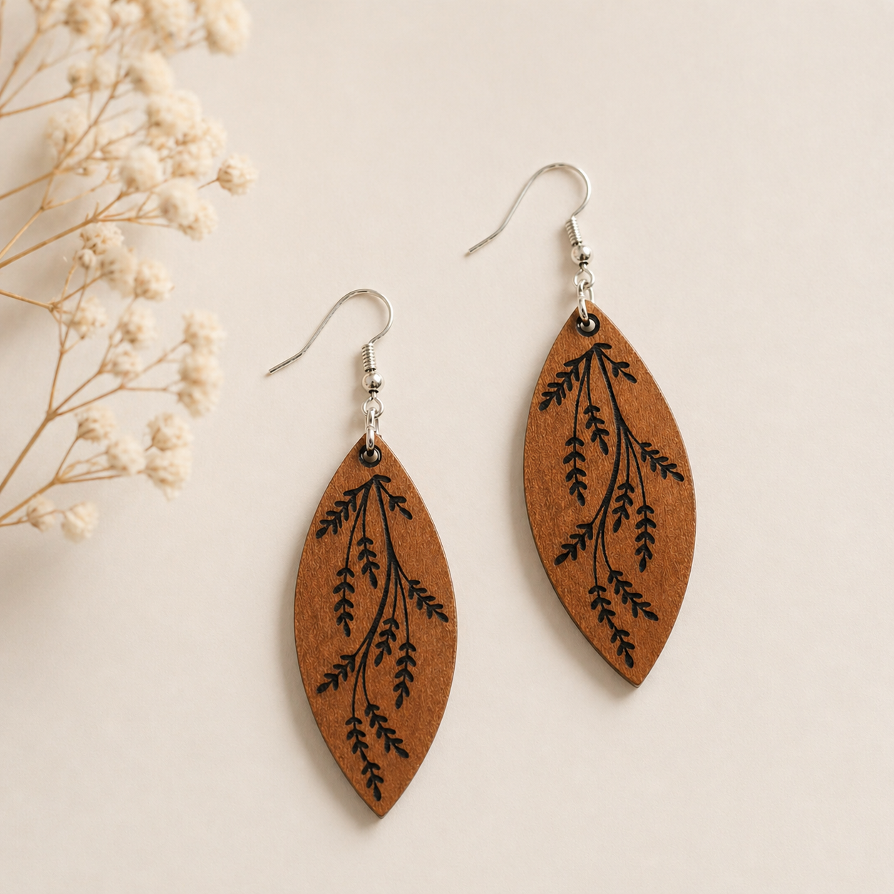 Leaf Pattern Wooden Drop Earrings for Women | Nature Inspired Statement Earrings Main image