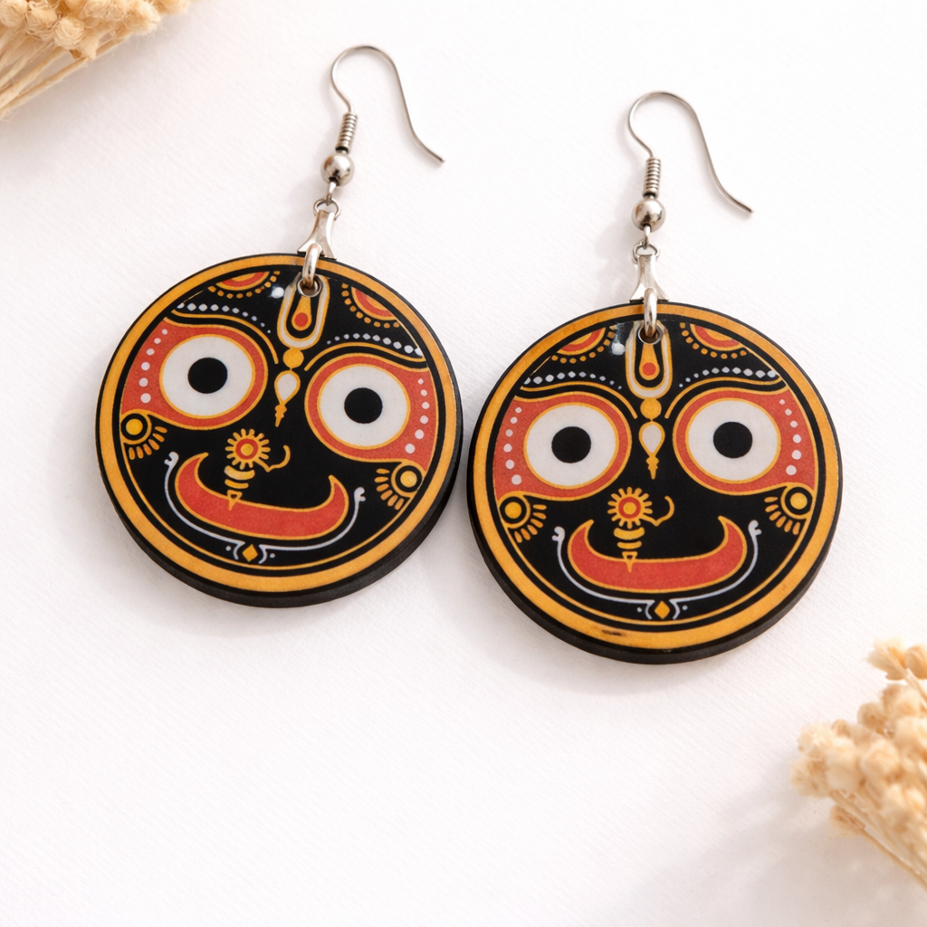 Lord Jagannath wooden earrings for women with traditional spiritual round face design Main image